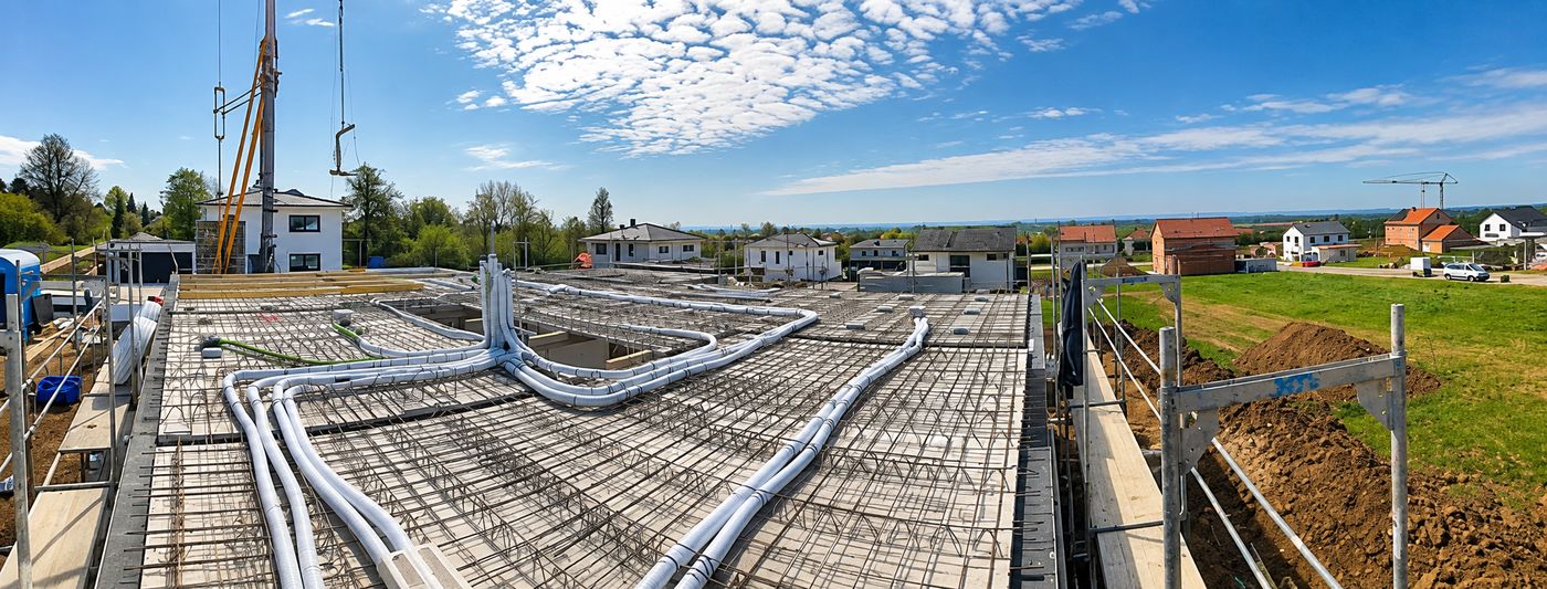 Im Rohbau verlegte Lüftungskanäle auf der Bewehrung einer Betondecke
