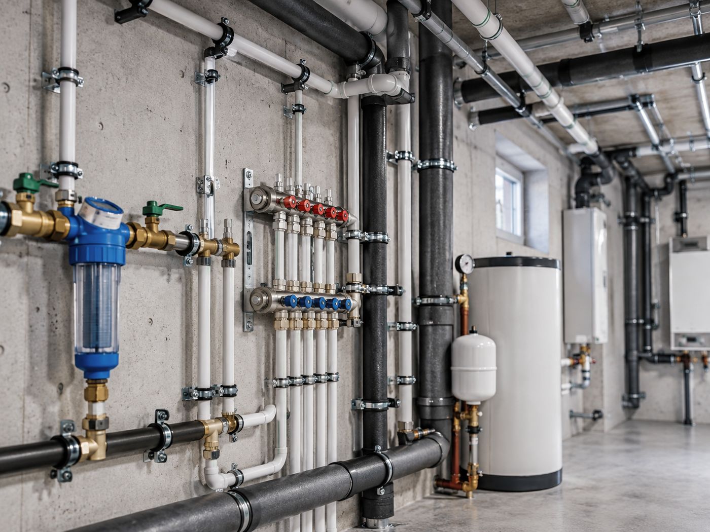 Hausanschlussraum mit Trinkwasserfilter, Verteiler, Warmwasserspeicher und Abwasserleitungen