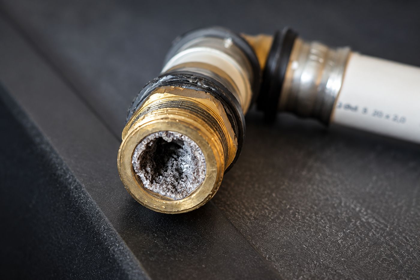 Messingfitting einer Wasserleitung, innen stark mit Kalk zugesetzt