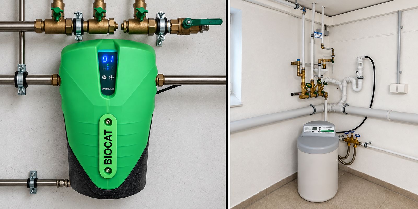 Links ein WATERCryst BIOCAT Kalkschutzgerät, rechts eine Wasserenthärtungsanlage am Hausanschluss