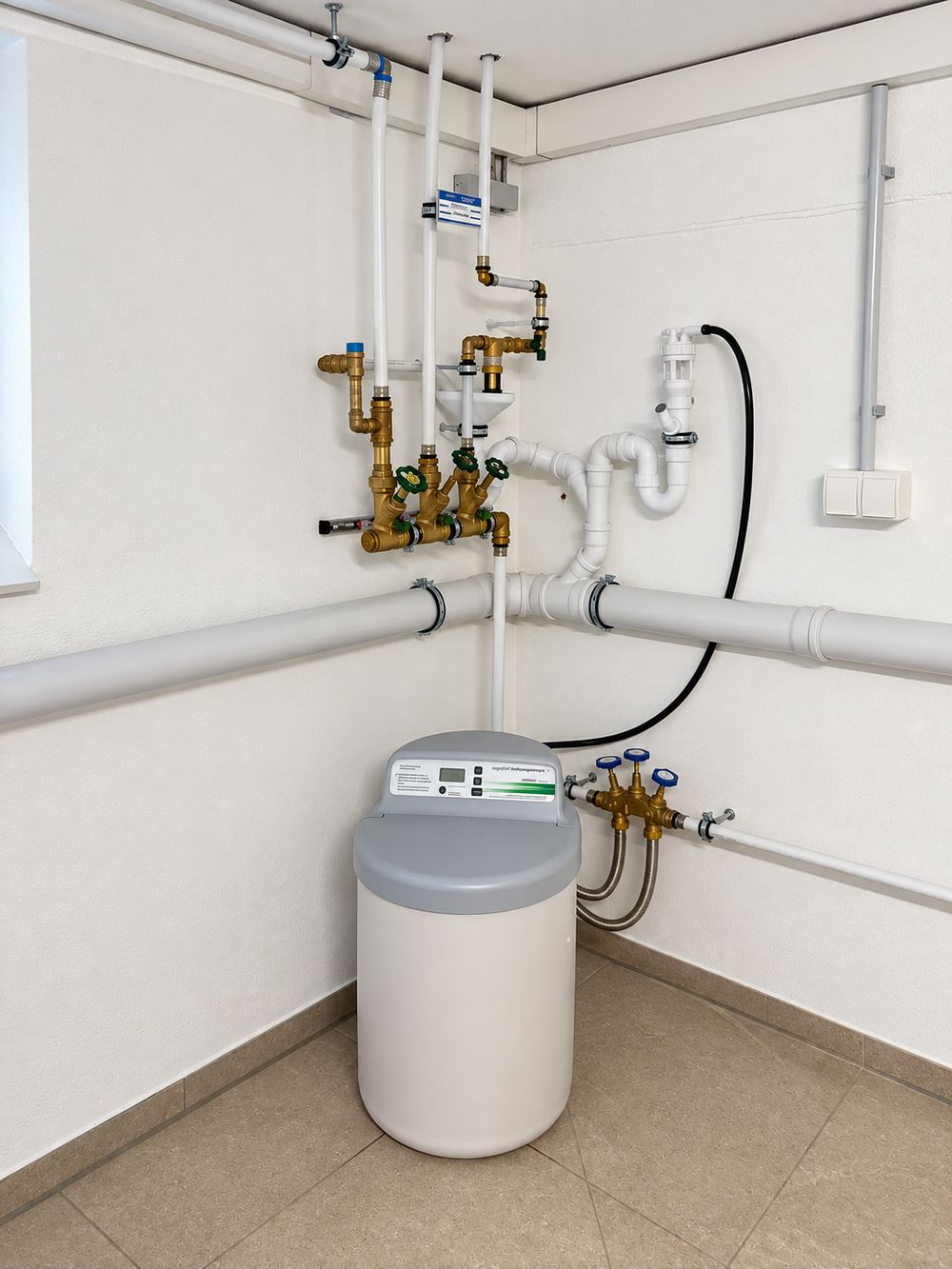 Wasserenthärtungsanlage mit Solebehälter und Verschneidearmatur am Hauswasseranschluss im Technikraum